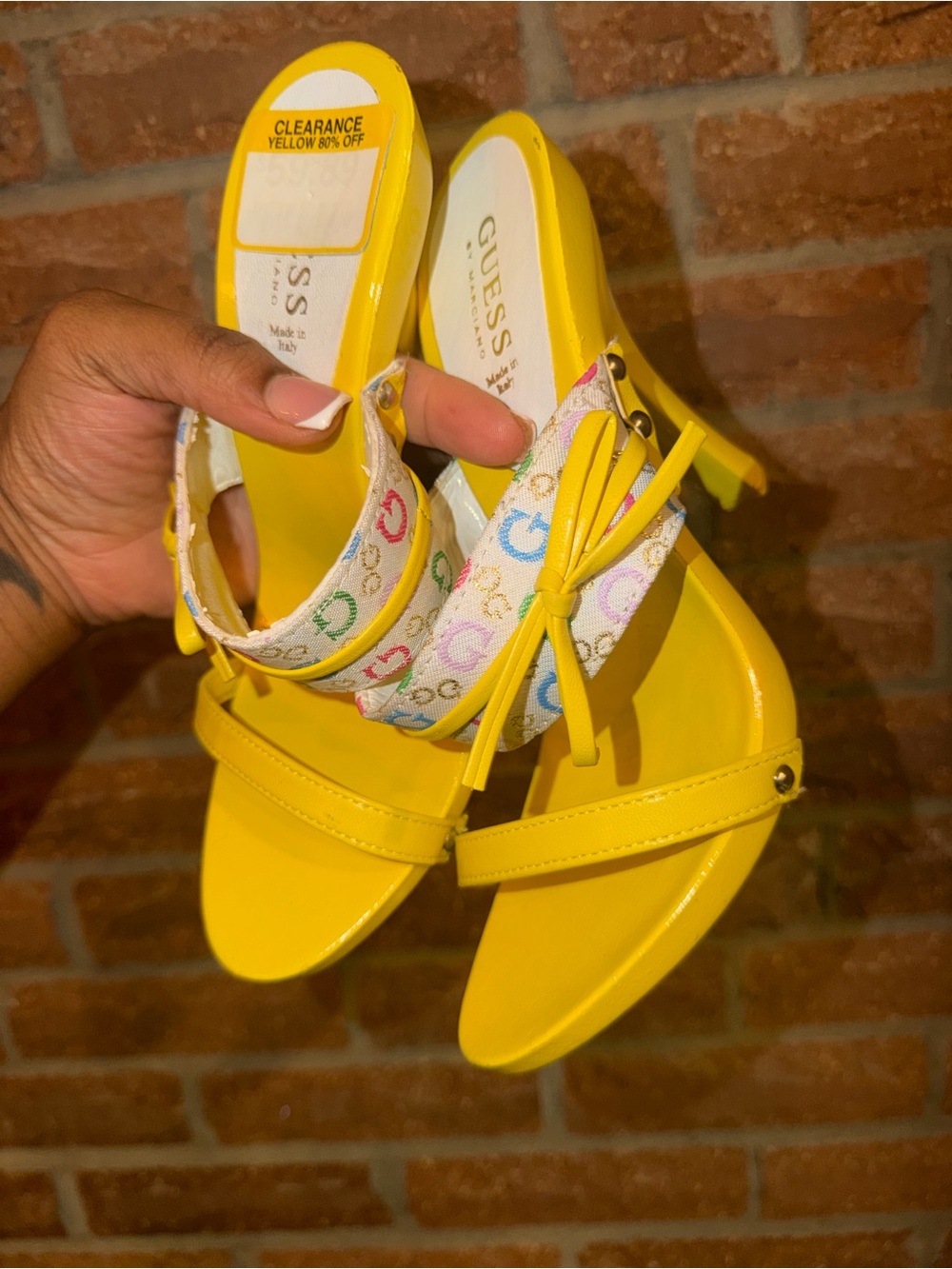 GUESS Yellow Multicolor Logo Bow Heel Sandals